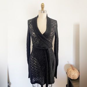 Diane Von Furstenberg Black & Silver Metallic Open Knit Wrap Sweater Size Small